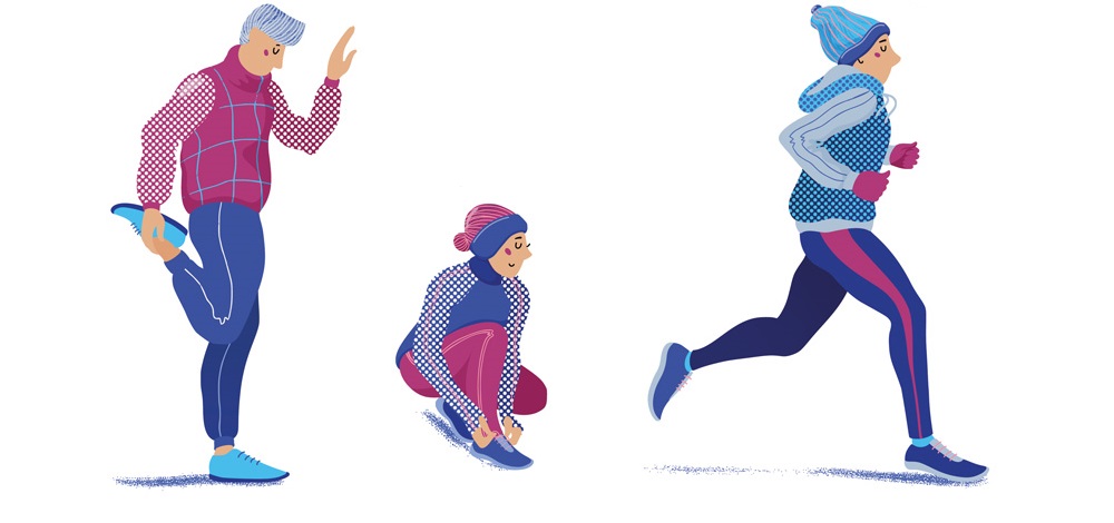 Web Ilustrações em tons de roxo e azul que têm três pessoas praticando exercícios físicos com roupas de inverno
