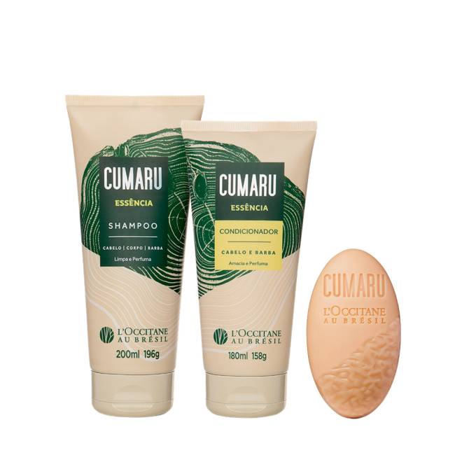 Kit Cumaru.png Dois itens em embalagem bisnaga na cor bege com detalhe em verde e um sabonete solto bege