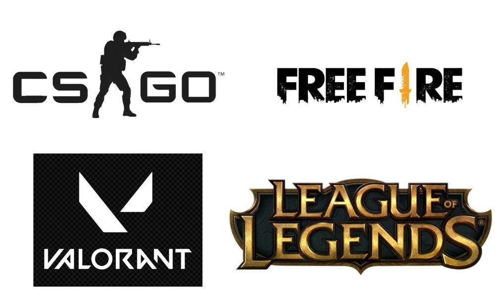 A imagem mostra os logos dos games Couter-Strike: Global Offensive, que é o desenho de um homem apontando o fuzil para direita entre as letras CS e G0, Free Fire e League of Legends, que são apenas o nome dos jogos escritos com letras estilizadas e Valorant, que é o nome do jogo escrito em baixo de um V estilizado.