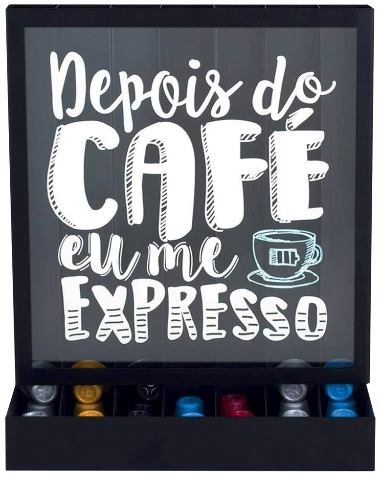 Um porta-cápsulas de café com o escrito 