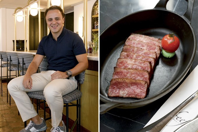 Duas imagens verticais unidas por linha fina branca. À esquerda, Felipe Massa sentado em banqueta com balcão de bar atrás no restaurante Beefbar. À direita, Panelinha oval de metal preta com oito fatias de carne colocadas parcialmente uma sobre a outra ao lado de tomatinho cereja sobre disco de wasabi.