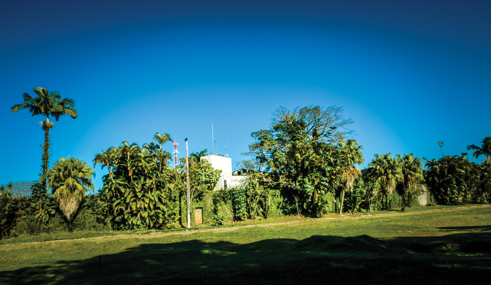 dívidas-pelé-CASA-GUARUJA.JPG vista externa da casa de pelé tirada de longe, com bastante grama no primeiro plano e a fachada da casa com diversas árvores em volta e na frente