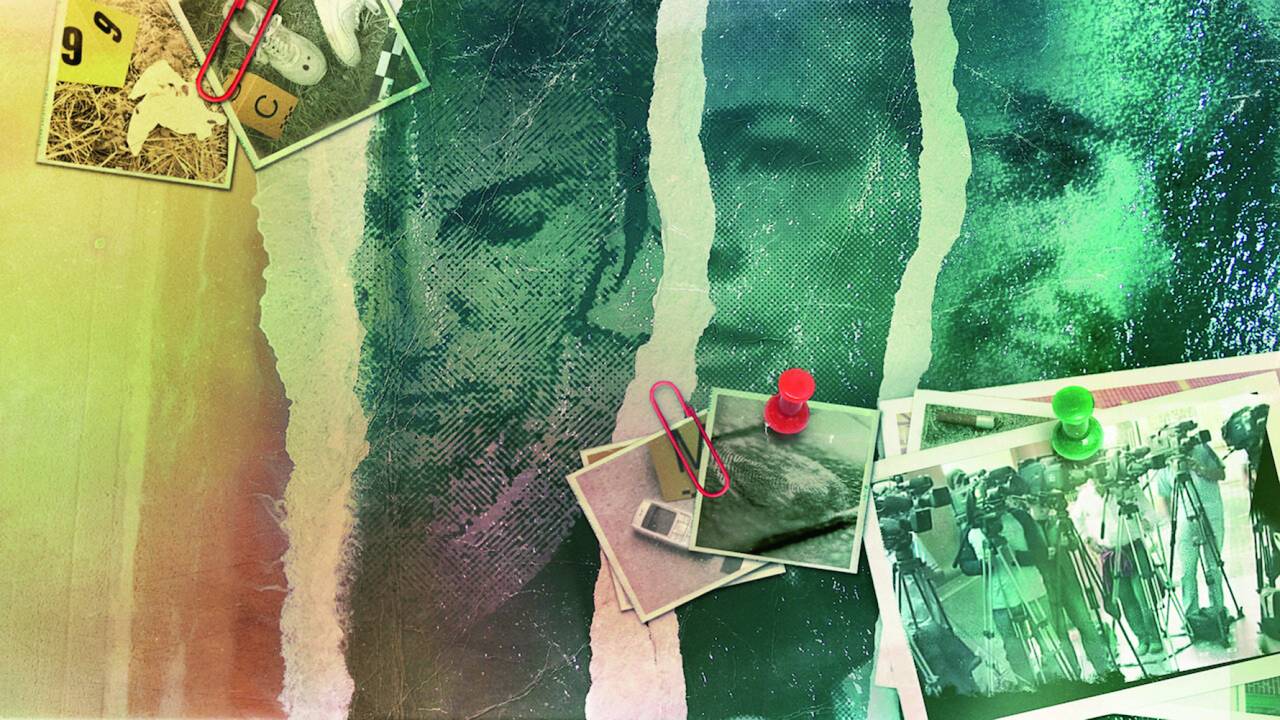 A imagem mostra uma montagem com um quadro de pistas e suspeitas policial. Há imagens presas nele com tachas, artisticamente, os rostos dos protagonistas ao fundo.
