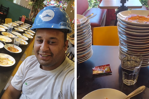 Montagem mostra, à esquerda, João sorrindo usando capacete, com mesa cheia de pratos vazios ao fundo. À direita, monte de pratos vazios e prato ainda com comida, na mesa também estão dois copos de água