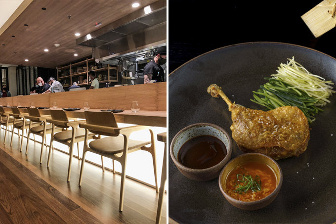 Duas imagens verticais unidas por linha fina branca. À esquerda balcão do restaurante Kazuo. À direita, prato escuro com coxa de pato assada ao lado de dois potinhos com molho e legumes cortados em fios.