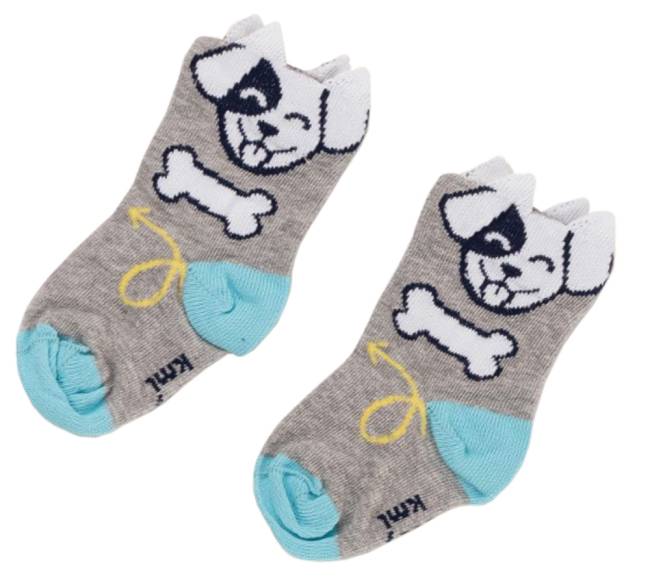 meia7 Um par de meias com desenho de cachorro, sola com detalhe em azul e ossinhos de cachorro
