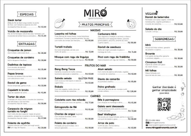Print do cardápio do Miró Gastronomia.