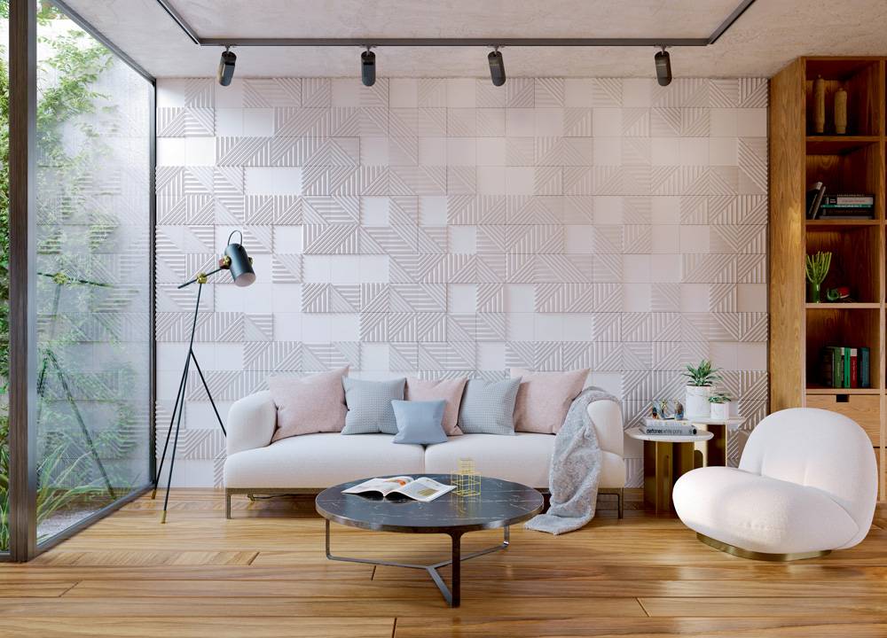 foto de sala com parede que tem revestimento produzido com cabelo