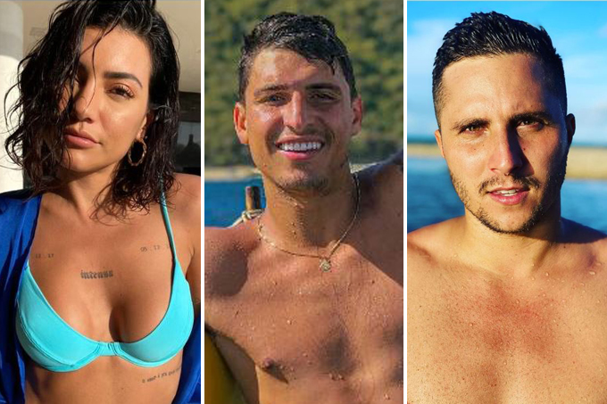 Três fotos verticais unidas por linha fina. À esquerda Gabrielle Prado de biquíni azul, no meio Felipe Prior sem camisa e à direita Matheus Novinho sem camisa.