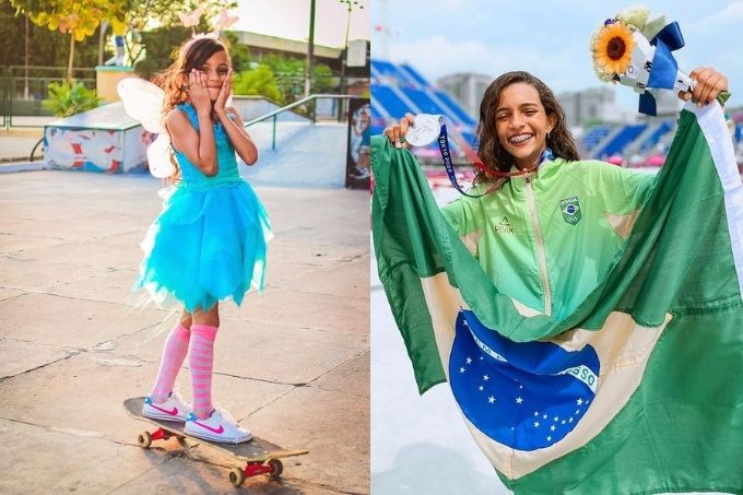 imagem dividida em duas: na esquerda, rayssa leal em cima de skate vestida de fada azul com as mãos no rosto; na esquerda, rayssa em tóquio sorrindo para a câmera segurando sua medalha de prata, a bandeira do brasil e um buque de flores, com a pista de skate ao fundo