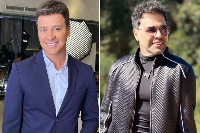 Duas imagens verticais unidas por linha fina branca. À esquerda o apresentador Rodrigo Faro, de terno. À direita o cantor Zezé di Camargo, de jaqueta de couro e óculos escuros.