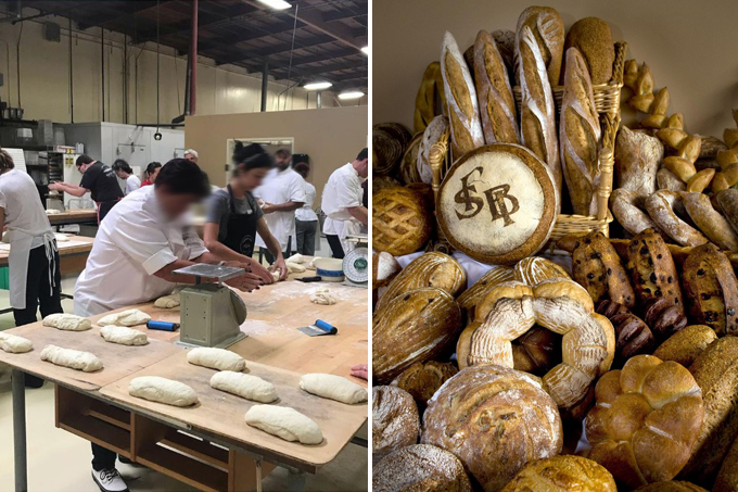 Duas imagens verticais unidas por linha fina branca. À esquerda alunos fazendo pão em mesa de madeira em escola. À direita seleção variada de pães juntos.