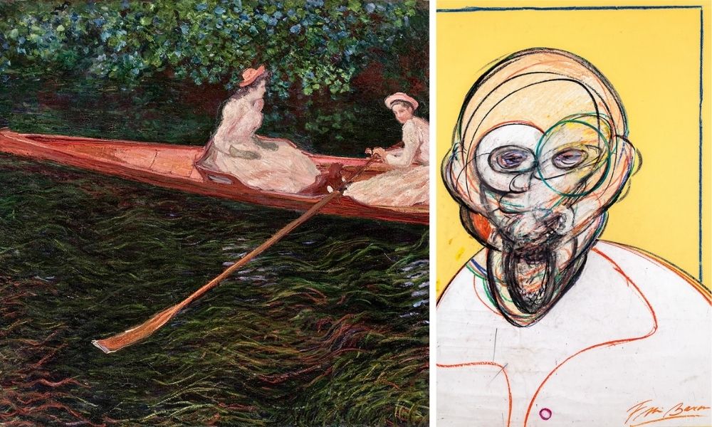 A Canoa Sobre o Epte (1890), de Monet e Cabeça (1992), de Bacon, A imagem é uma montagem com duas obras. À esquerda, uma pintura com duas moças de vestido em uma canoa. À direita, a obra de Bacon, é um homem careca pintado de forma artística, em um fundo amarelo.