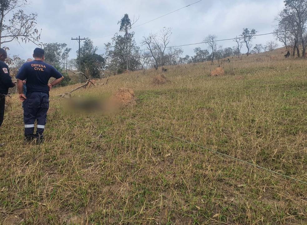 Foto mostra pasto com matagal e dois policiais de costas encarando fio de energia elétrica.