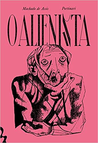 Capa do livro O Alienista. É rosa e tem um homem na ilustração