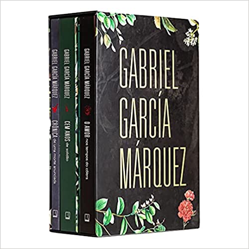 box Gabriel García Márquez O box com três livros de Gabriel García Márquez. É preto, com detalhes de folhas e o título em branco