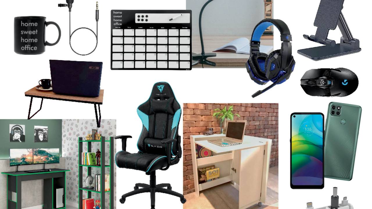 Uma montagem com itens para home office. Cadeira gamer, escrivaninha, celular, microfone, calendário, suporte para celular, fone de ouvido, caneca e luminária