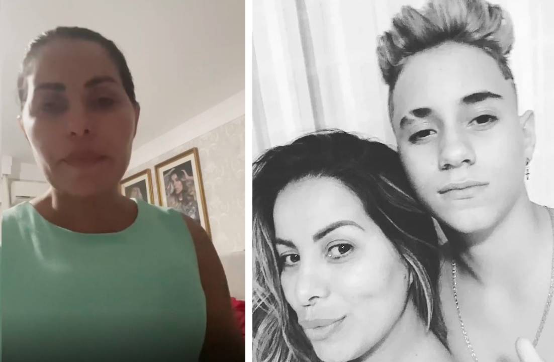A montagem mostra, à esquerda, Walkyria em sua casa e olhando para a câmera com expressão triste. À direita, Walkyria e seu filho em uma foto preta e branca, com ele abraçando ela por trás.