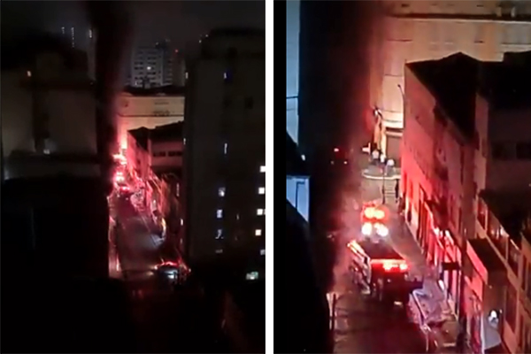 Montagem mostra dois prints de incêndio em prédio na Rua dos Gusmões: viaturas dos Bombeiros aparecem na rua e fumaça escura sai do nível inferior do edifício. A filmagem ocorreu à noite