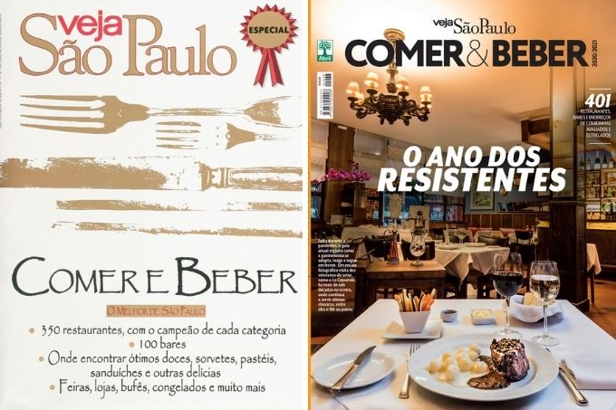 Capas Comer & Beber A imagem duas capas do guia anual do COMER E BEBER. À esquerda, a capa de 1997, e à direita, a capa de 2020
