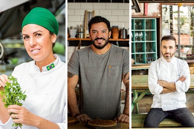 Montagem com fotos dos seguintes chefs: Morena Leite, Thiago Castanho e Leo Paixão, da esquerda para a direita