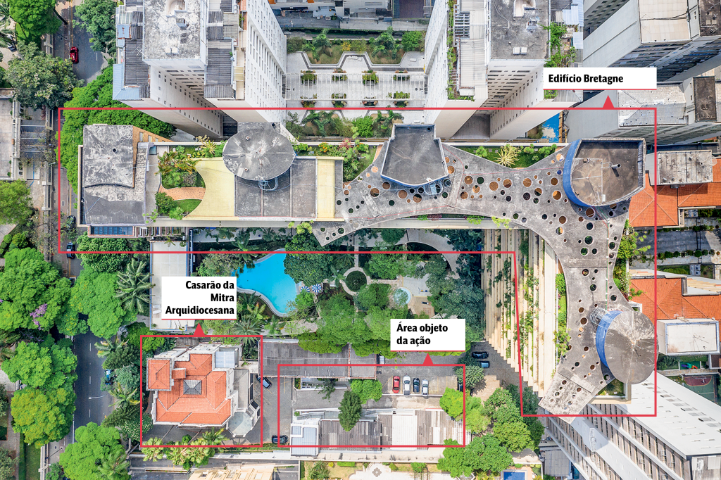 Uma foto aérea da Avenida Higienópolis que mostra o Edifício Bretagne, o Casarão da Mitra Arquidiocesana e uma área de disputa entre vizinhos. Há a demarcação dos nomes em vermelho que pertencem a cada lugar