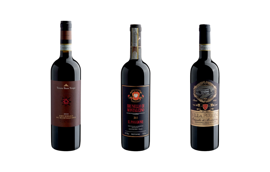 Quatro garrafas de vinho Brunello di Montalcino em fundo branco