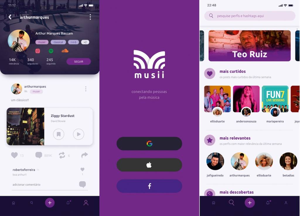 app musii Uma montagem mostra três capturas de tela do aplicativo musii. O do meio é roxo, com o logo, e é a tela de abertura. No da ponta esquerda, um perfil de um usuário e, na direita, uma página de busca com vários artistas