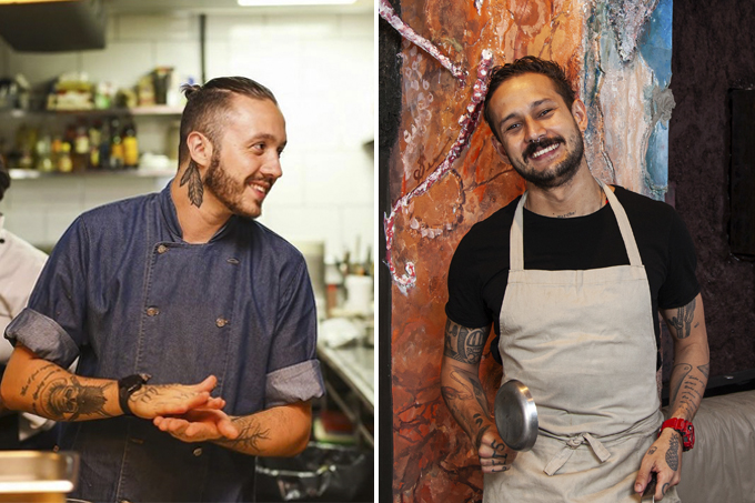 Duas imagens verticais unidas por linha fina branca. À esquerda o chef Felipe Tófoli, de dólmã azul marinho. À direita o chef Giovanni Renê de avental encostado em parede coral do restaurante Davo.