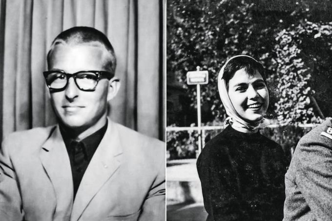 fotos-mary-porto-Raymond-Widmer-jovens-reencontro-amor-depois-de-55-anos-a-carta-amarela-nosso-louco-amor.JPG imagem dividida em duas: à esquerda, foto em preto e branco tirada em 1958 de Raymond Widmer, com um terno e de frente para a câmera, olhando para o lado; à direita, foto em preto e branco tirada em 1958 de mary porto sorrindo com pano sobre o cabelo