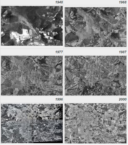 paraisopolis Imagem mostra fotos aéreas entre 1948 e 2000: antes, mato e área verde, depois, milhares de casas