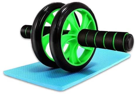 rolo exercicio Um par de rolos com suporte lateral verde em cima de um tatame azul