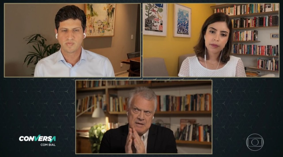 Tabata Amaral e João Campos durante entrevista ao programa Conversa com Bial