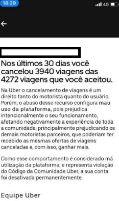 Uber cancelamentos Imagem mostra texto em celular: