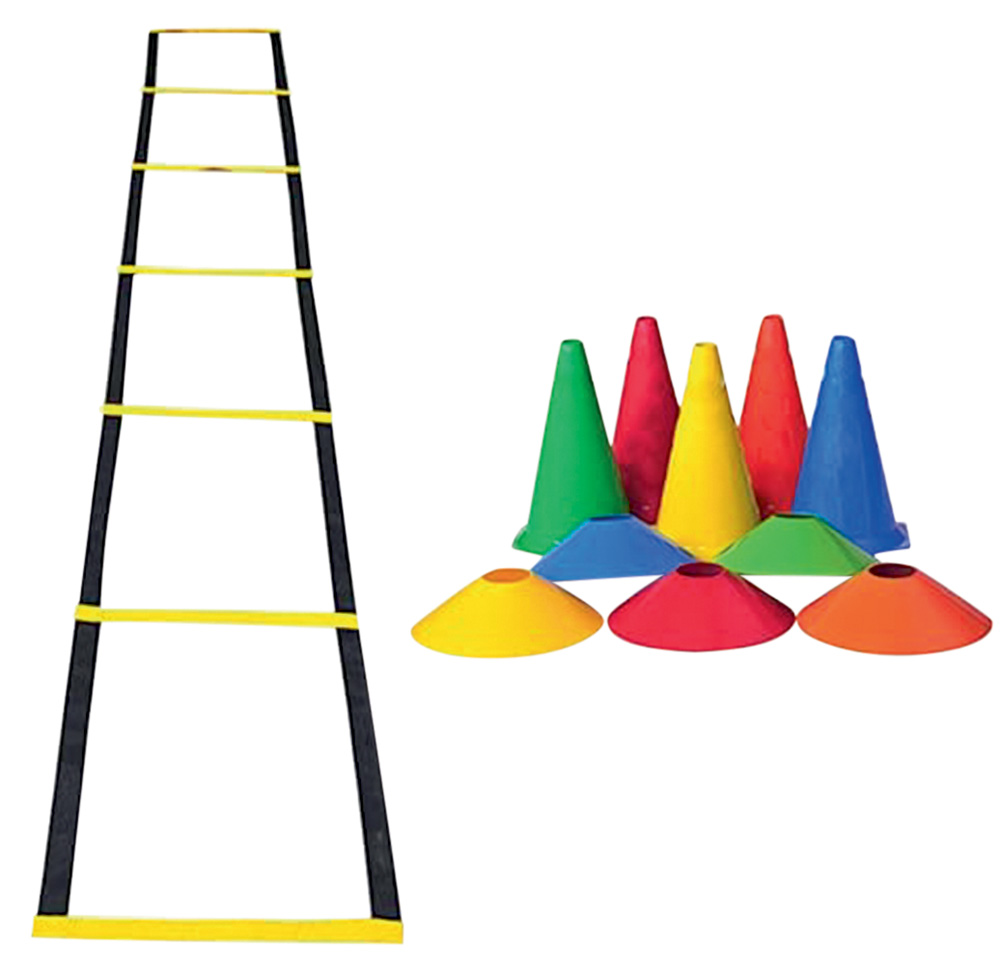 unnamed.jpg Uma escada de treino amarela, cinco cones e cinco chapéus de treino coloridos