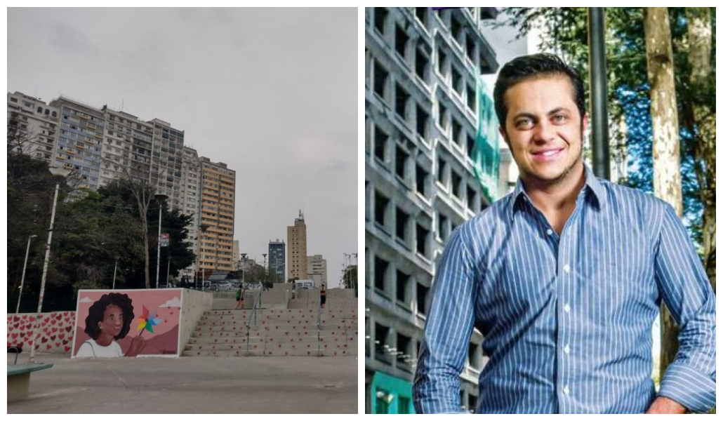 Imagem dividida em dois. De uma lado, a Praça Roosevelt, com escaldarias e grafites nos murais. De outro, o vereador Thammy Miranda, que quer alterar o nome do local
