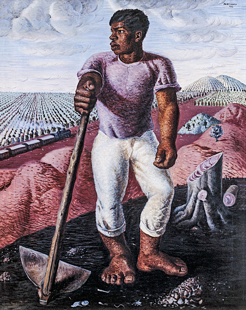 _O Lavrador de Café_, 1934, de Cândido Portinari, que integra a exposição _Porti.jpg Uma obra em formato vertical mostra um trabalhador negro em uma lavoura segurando uma enxada. Ele está descalço e olhando para os lados