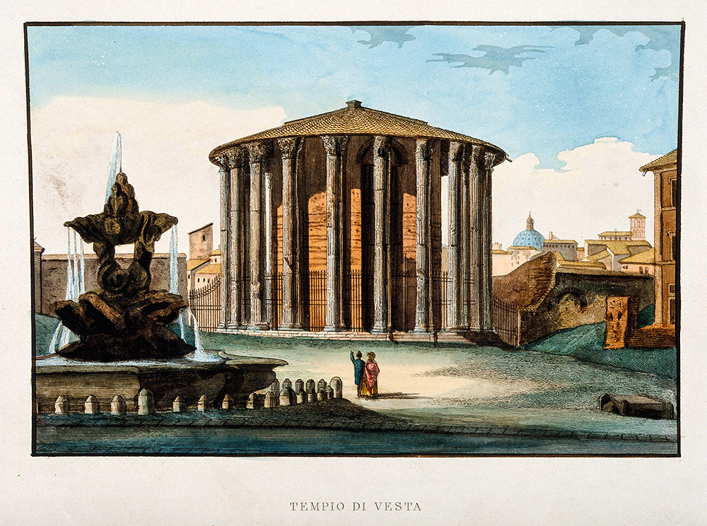 V0014432 Temple of Vesta or Fortuna Virilis, Rome. Coloured etching. Reprodução colorida de um templo italiano com assinatura no rodapé da página.