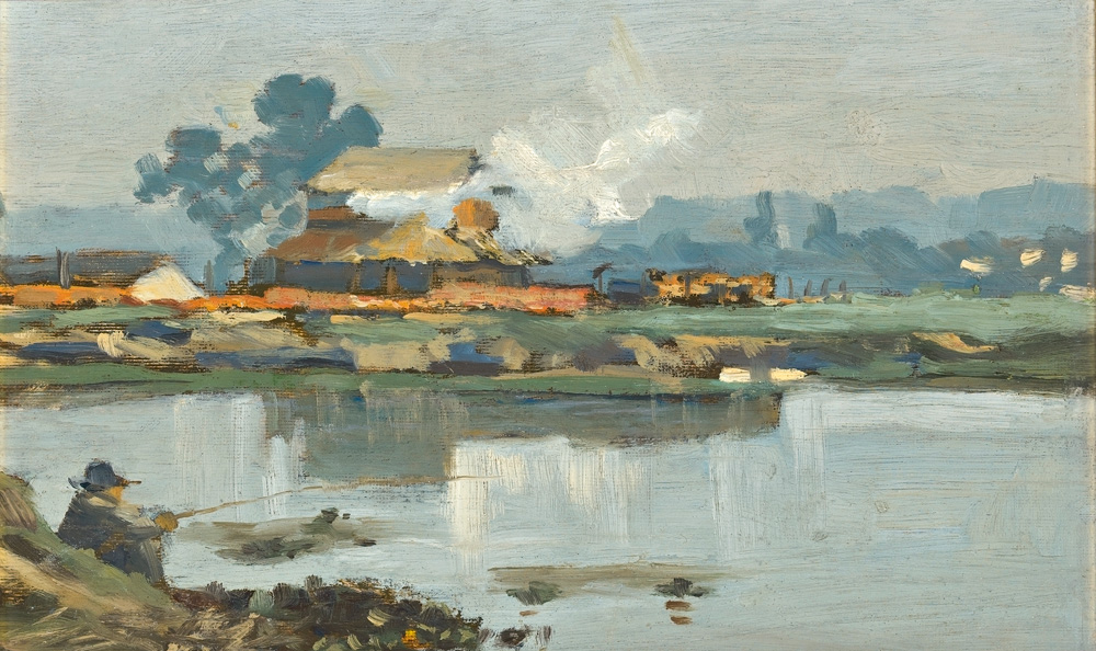Volpi, Paisagem Em uma tela, há um grande lago. Atrás dele, há uma construção. Parecem ter montanhas ao fundo. Há também nuvens e no lago, um homem pescando