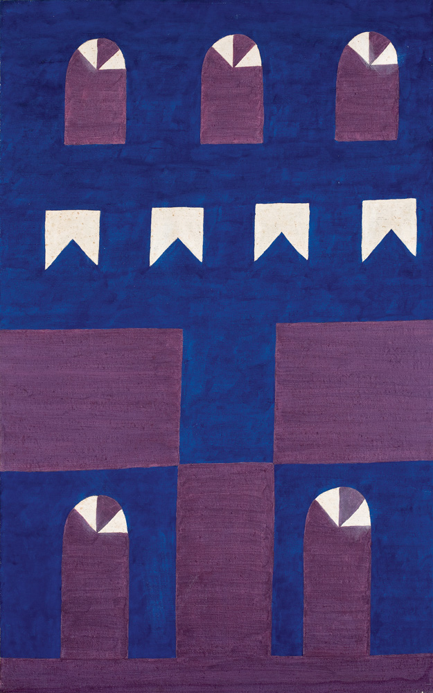 Tela de Alfredo Volpi Uma tela com fundo todo azul escuro. Em roxo, há formas que parecem ser janelas e portas. E em branco, formas que parecem bandeirinhas de festa junina