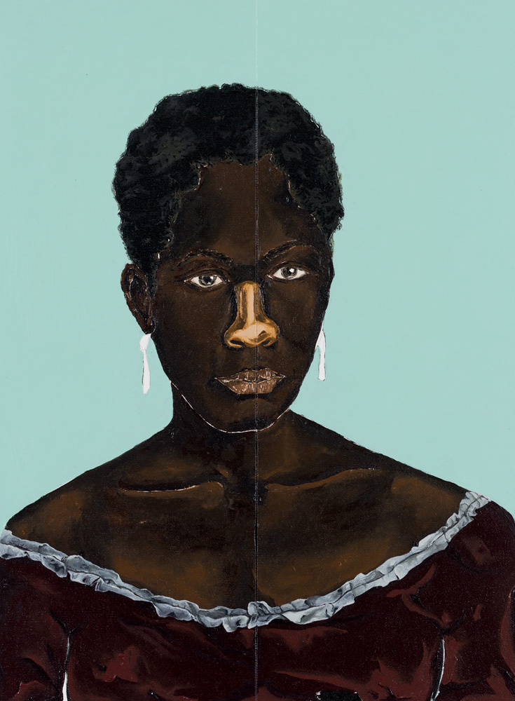 Zeferina Um retrato de uma mulher regra de pele bem retinta, com cabelo quase raspado. Ela está em um fundo azul claro e usa brincos