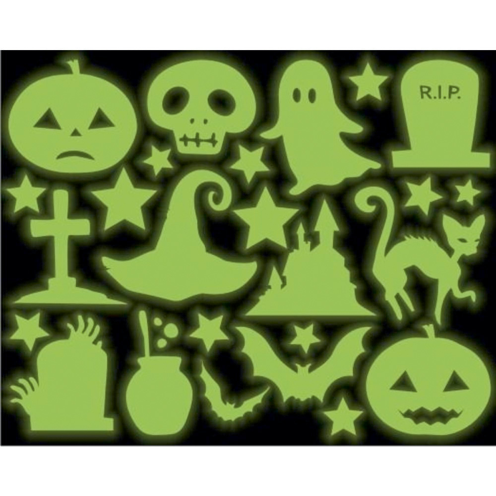 adesivo brilha no escuro.jpg Cartela de adesivos que brilham no escuro em formato de personagens e símbolos de Halloween, como chapéu, fantasminhas, caveiras, abóboras..