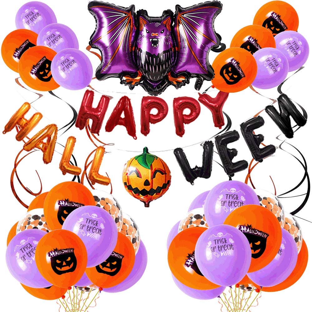 balões halloween Vários balões em formato de morcego, outros escrito