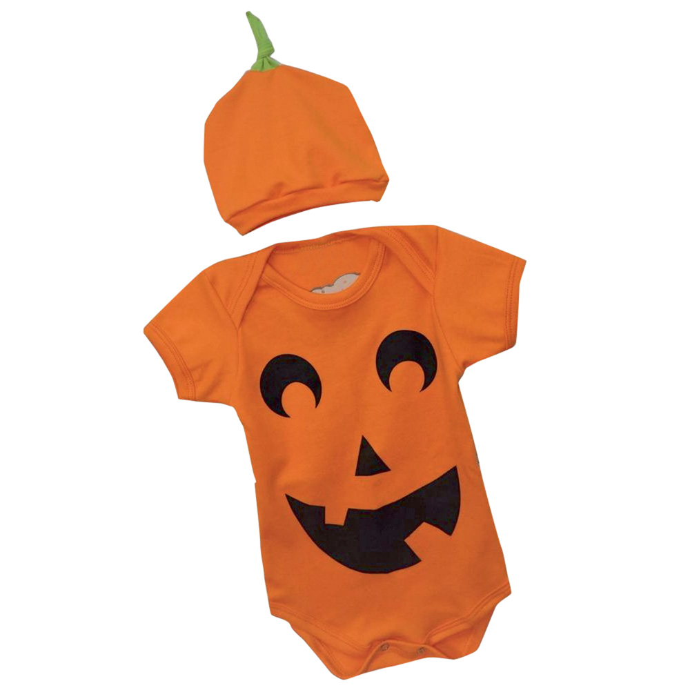 body bebê.jpg Um body de bebê laranja como uma abóbora de Halloween e uma touquinha de conjunto