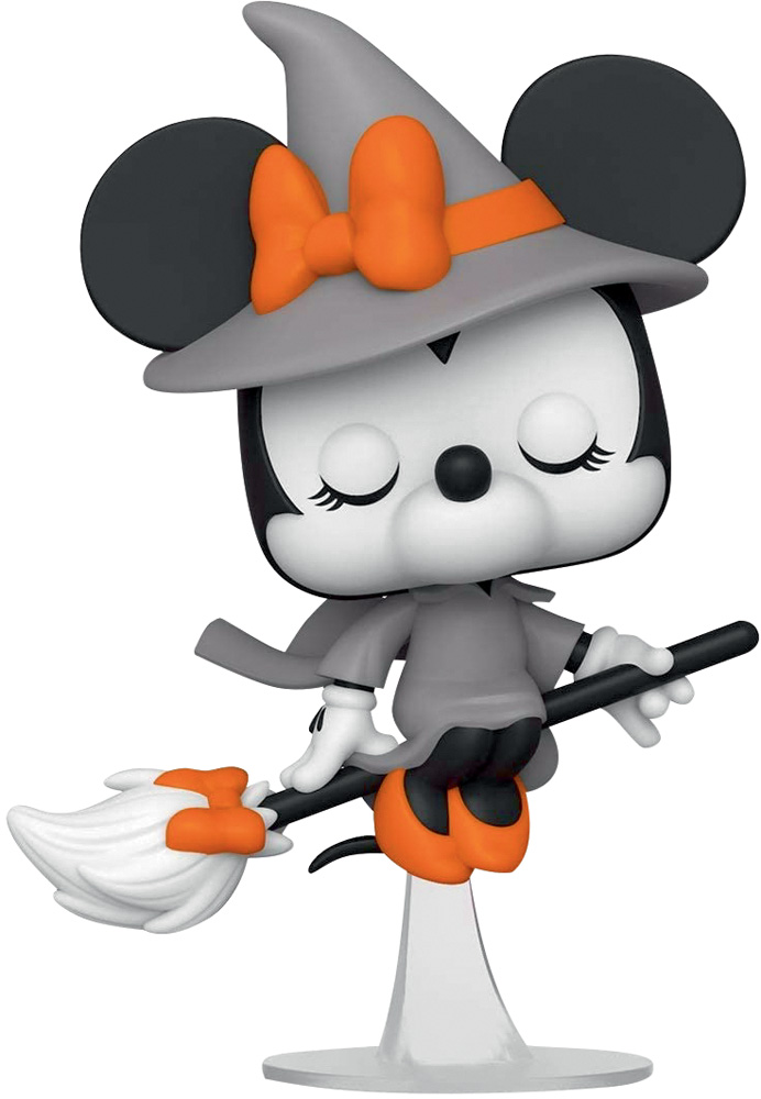 boneco minnie.jpg Um boneco Funko da Minnie Mouse mostra a personagem de bruxa em uma vassoura. Nas cores cinza, laranja, preto e branco