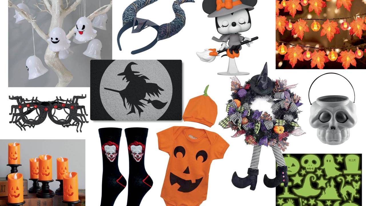 Montagem com produtos que remetem ao Halloween: luzes de LED de fantasminhas, velas de abóbora, óculos de aranha, tapete de bruxa, meia de palhaço, body de abóbora, arco de Malévola, Minnie de bruxa, guirlanda de bruxa, balde de caveira e adesivos de terror