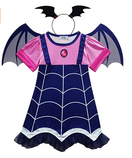 fantasia vampirinha Fantasia azul e rosa em formato de vestido com asinhas de morcego e tiara também de morcego