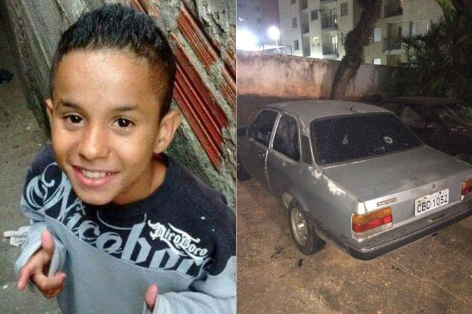 imagem dividida em duas. à esquerda, Waldik posando para foto e à direita foto de chevette que meninos furtaram, com um buraco de bala no vidro traseiro