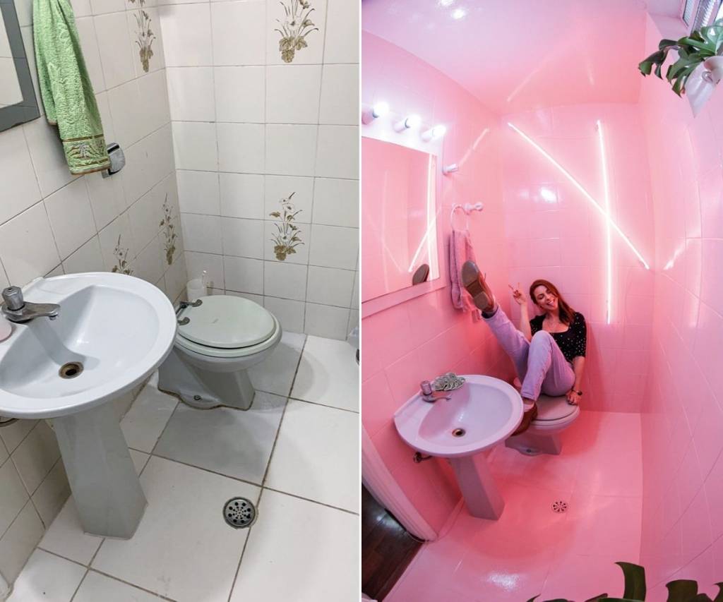 maddu-magalhaes-antes-e-depois-reforma-banheiro-influenciadores-decoração-reformas-faça-você-mesmo imagem dividida em duas: à esquerda, banheiro de maddu magalhães antes da reforma, à direita, maddu em seu banheiro após a reforma posando para a foto; há neons rosas na parede do banheiro
