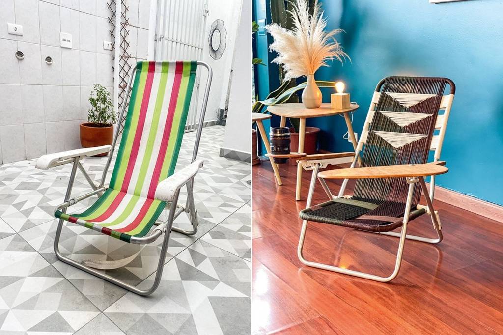 maddu-magalhaes-antes-e depois-reforma-cadeira-influenciadores-decoração-reformas-faça-você-mesmo imagem dividida em duas: à esquerda, cadeira de praia desgastada, à direita, cadeira de praia reformada, com rede mudada e apoio de madeira no lugar de um dos braços